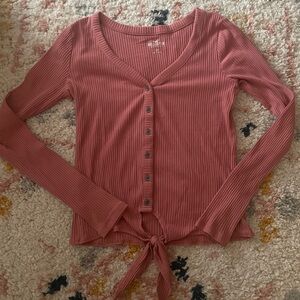 Hollister ribbed pink long sleeve button tie shirt